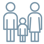 Simple line drawing of three people: two taller figures on either side and a shorter figure in the center, suggesting a family group.